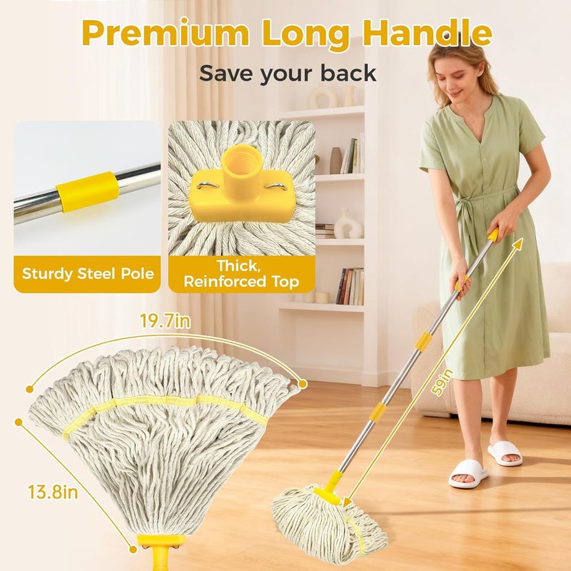 SOBONNE String Wet Mop for Floor Cleaning,Industrial Cotton Mop with Long Handle, Regular Mops for House Kitchen Bathroom Garage Office Hardwood Concrete Tile Floors,Yellow - Image 2
